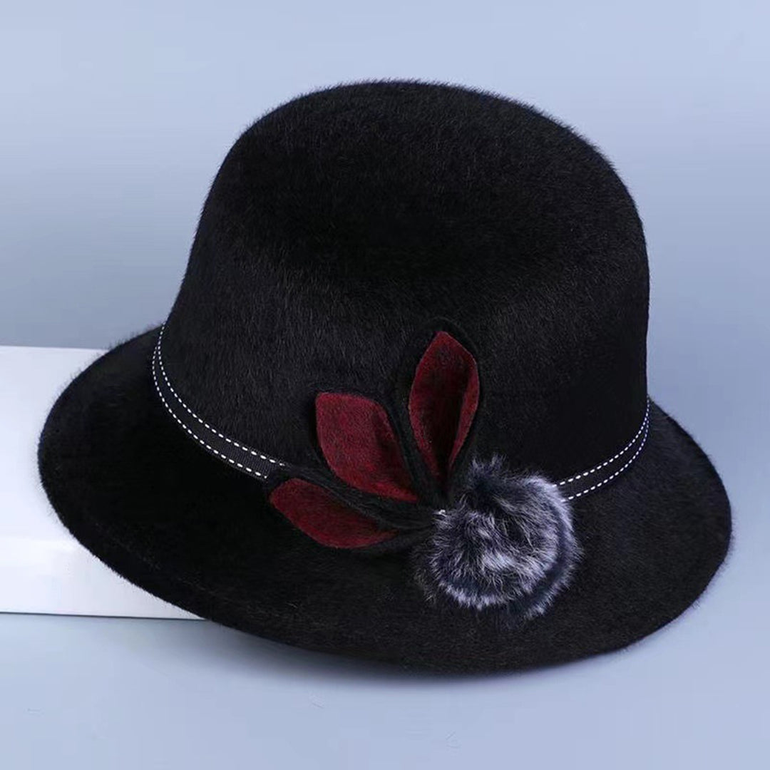 Lady Hat Elegant Wide Brim Keep Warm Solid Color Winter Autumn Ladies Dome Hat with Flower for Daily Wear Image 6