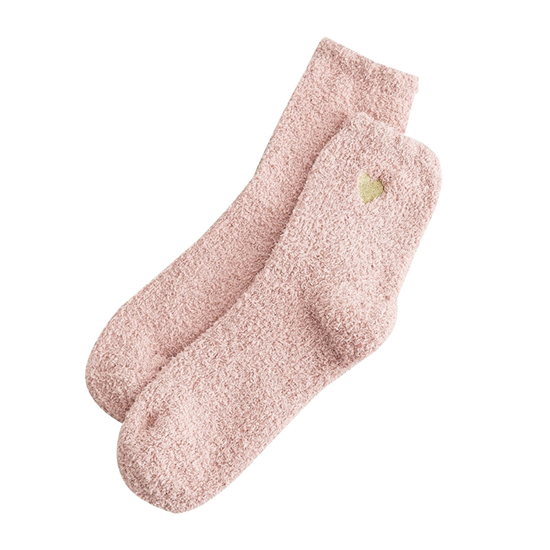 1 Pair Winter Women Floor Socks Heart Pattern Embroidery Solid Color Stretchy Coral Fleece Middle Tube Socks for Daily Image 1