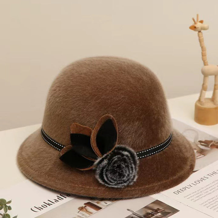 Lady Hat Elegant Wide Brim Keep Warm Solid Color Winter Autumn Ladies Dome Hat with Flower for Daily Wear Image 10