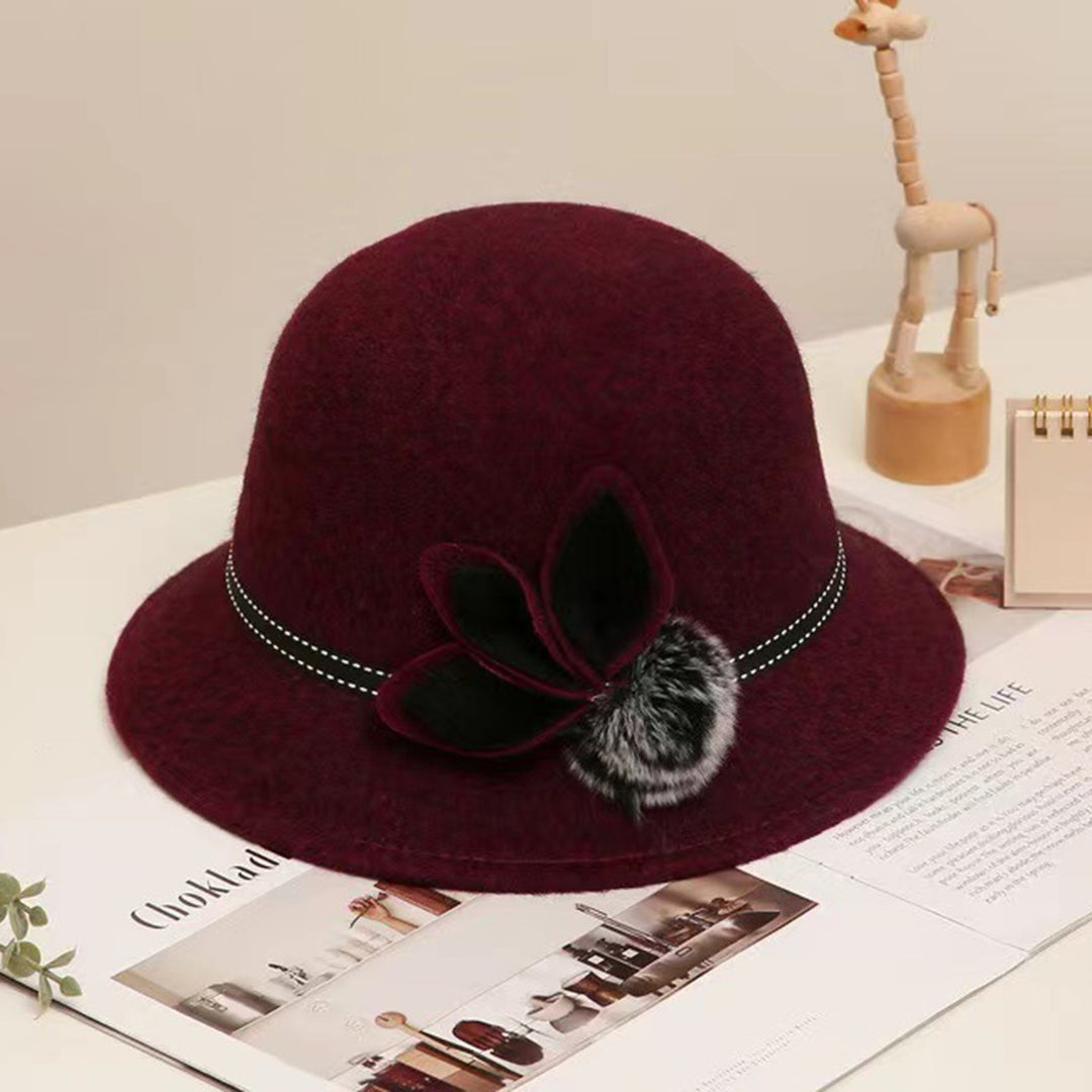 Lady Hat Elegant Wide Brim Keep Warm Solid Color Winter Autumn Ladies Dome Hat with Flower for Daily Wear Image 11