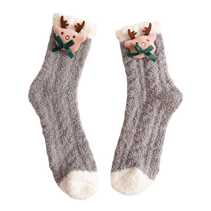 1 Pair Women Floor Socks Cartoon Rabbit Green Tree Coral Fleece Thicken Middle Tube Sleeping Socks for Daily Wear Image 3