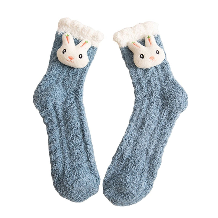 1 Pair Women Floor Socks Cartoon Rabbit Green Tree Coral Fleece Thicken Middle Tube Sleeping Socks for Daily Wear Image 1