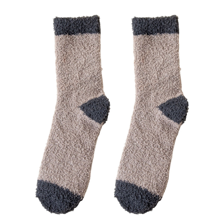 1 Pair Winter Socks Elastic Contrast Color Cozy Coral Fleece Soft Keep Warm Thicken Sweat Absorption Winter Floor Socks Image 1