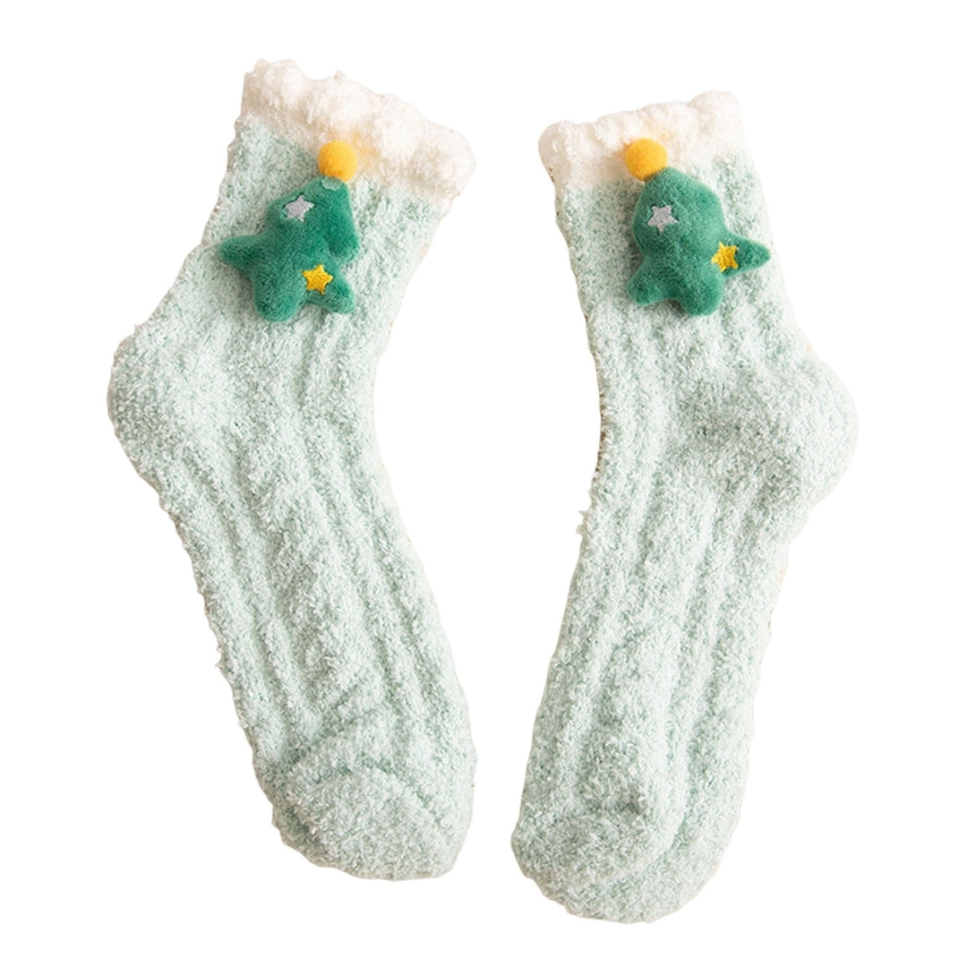 1 Pair Women Floor Socks Cartoon Rabbit Green Tree Coral Fleece Thicken Middle Tube Sleeping Socks for Daily Wear Image 4