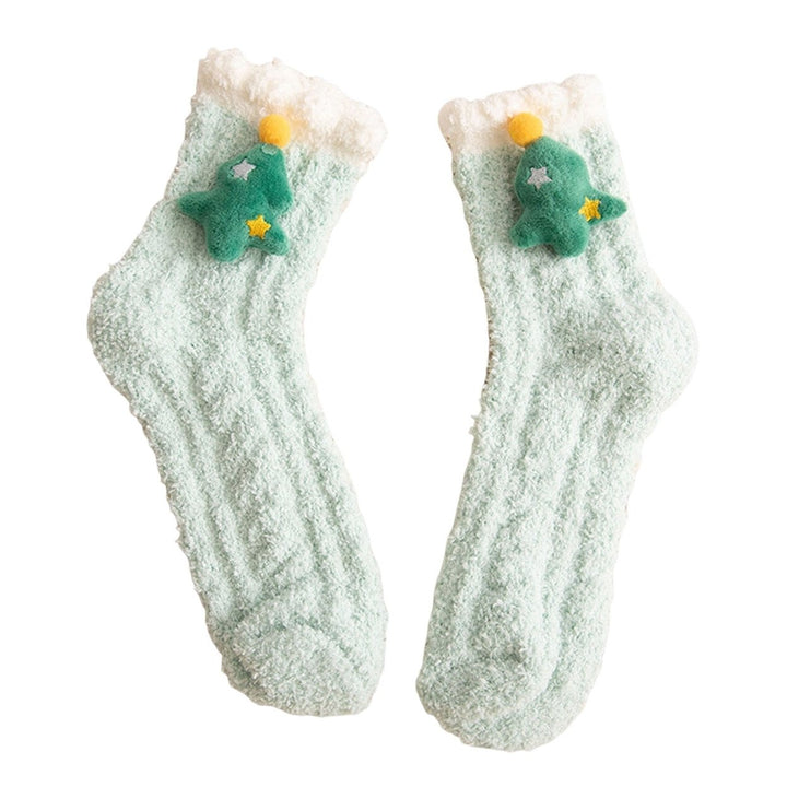 1 Pair Women Floor Socks Cartoon Rabbit Green Tree Coral Fleece Thicken Middle Tube Sleeping Socks for Daily Wear Image 1