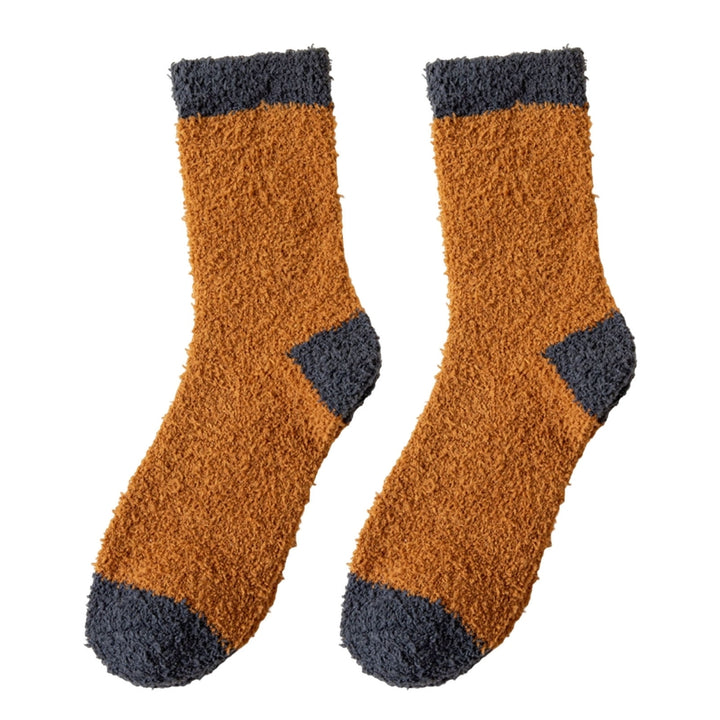 1 Pair Winter Socks Elastic Contrast Color Cozy Coral Fleece Soft Keep Warm Thicken Sweat Absorption Winter Floor Socks Image 4
