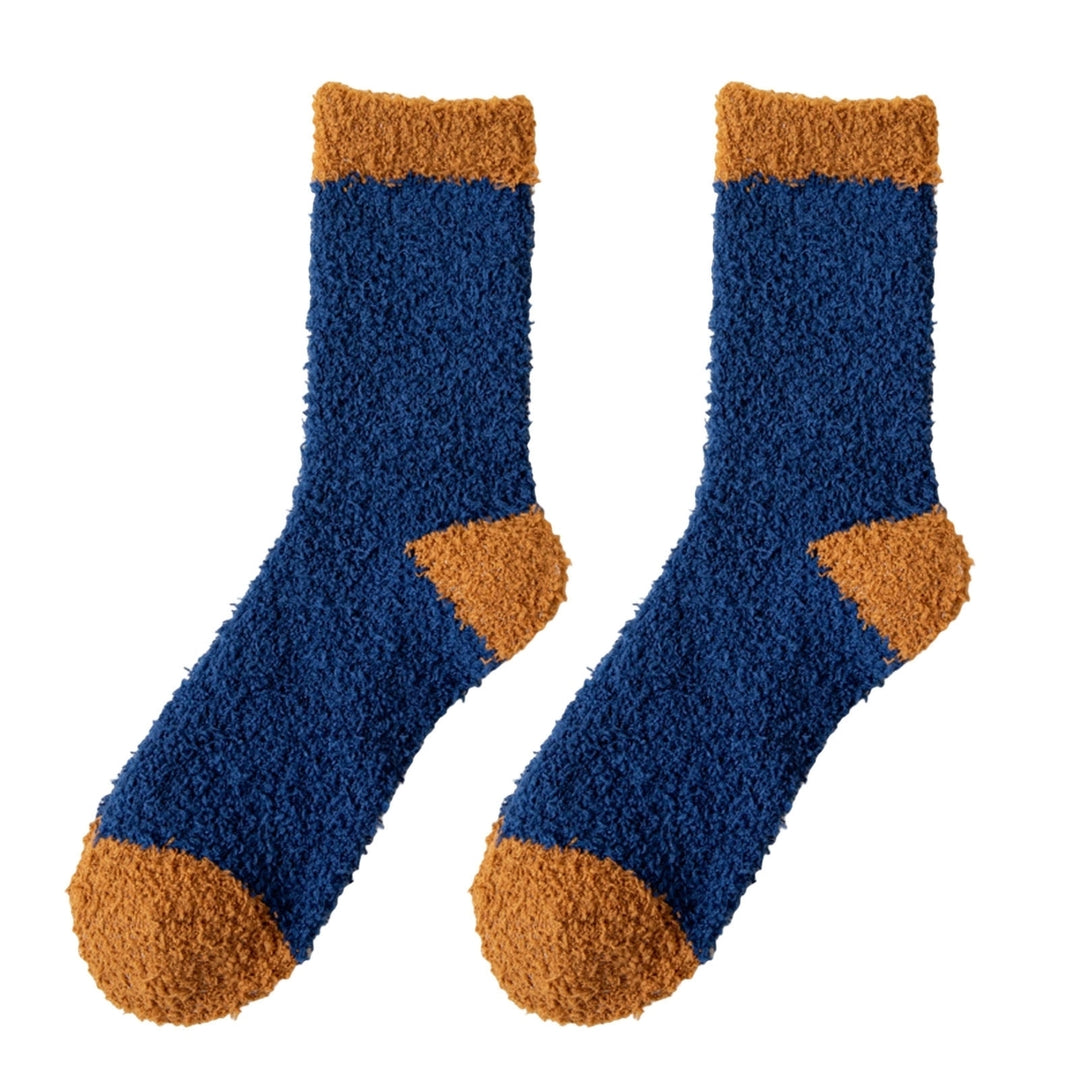 1 Pair Winter Socks Elastic Contrast Color Cozy Coral Fleece Soft Keep Warm Thicken Sweat Absorption Winter Floor Socks Image 1