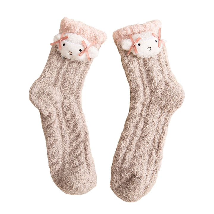 1 Pair Women Floor Socks Cartoon Rabbit Green Tree Coral Fleece Thicken Middle Tube Sleeping Socks for Daily Wear Image 7