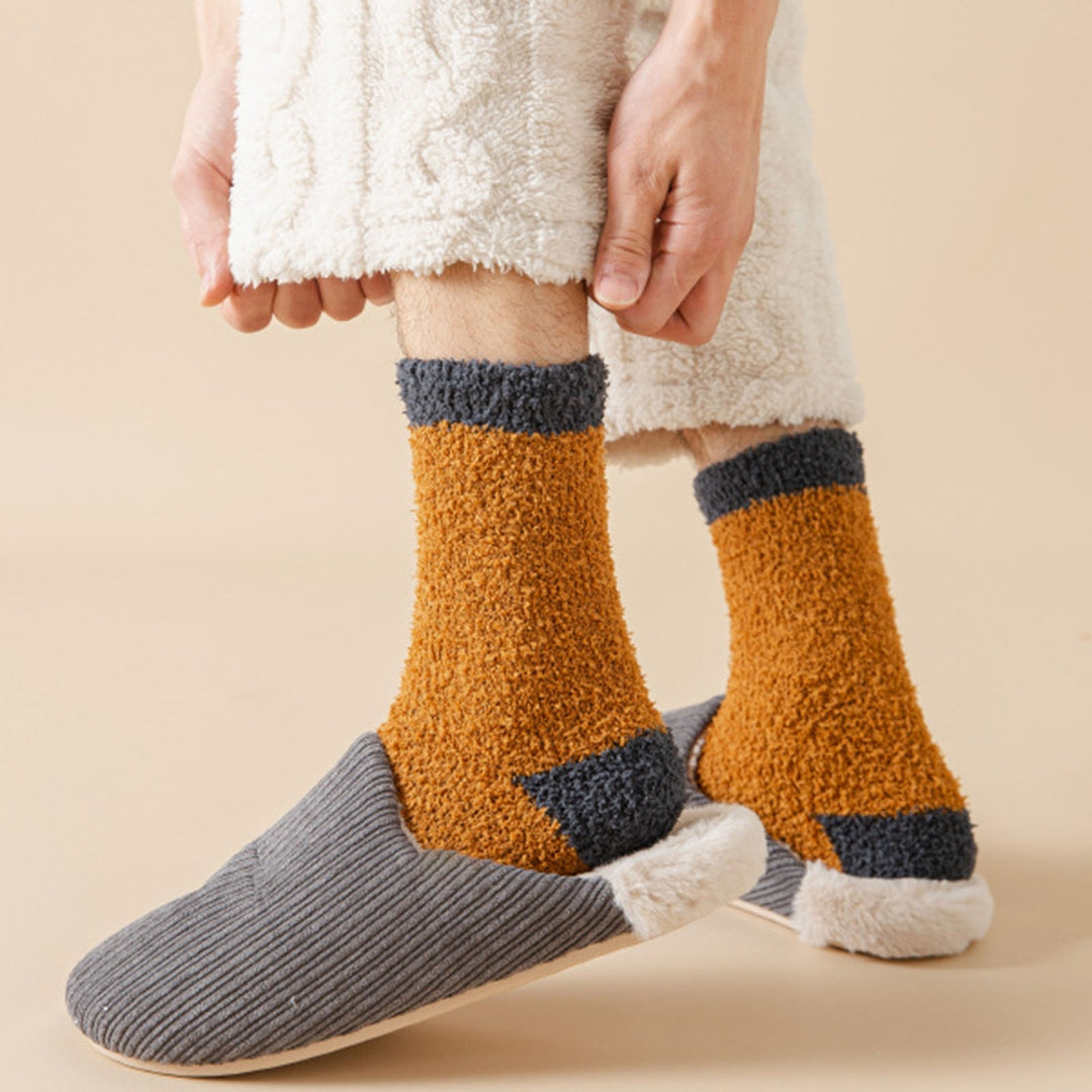 1 Pair Winter Socks Elastic Contrast Color Cozy Coral Fleece Soft Keep Warm Thicken Sweat Absorption Winter Floor Socks Image 8