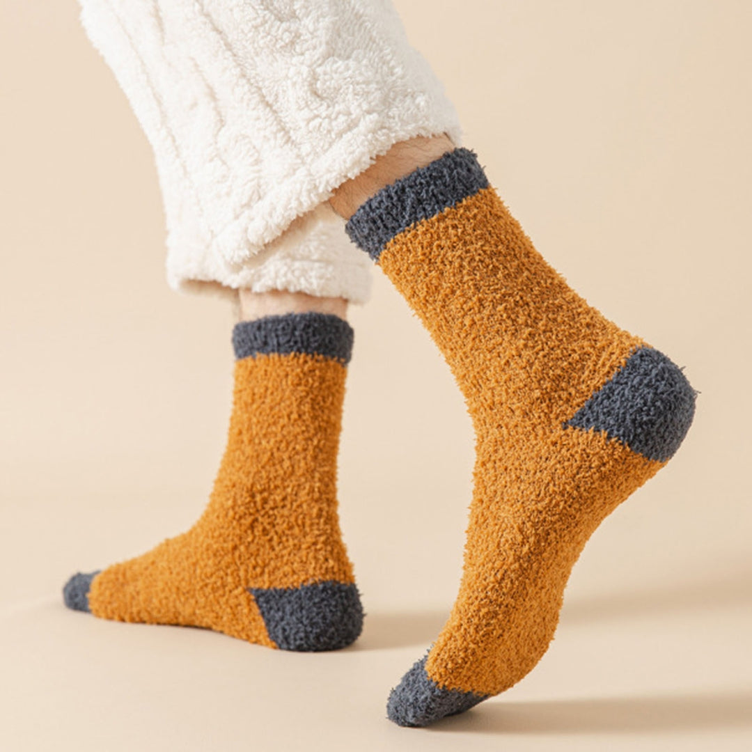 1 Pair Winter Socks Elastic Contrast Color Cozy Coral Fleece Soft Keep Warm Thicken Sweat Absorption Winter Floor Socks Image 11