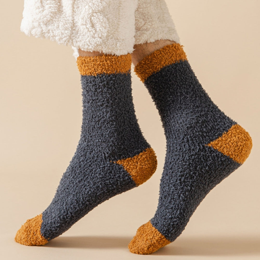 1 Pair Winter Socks Elastic Contrast Color Cozy Coral Fleece Soft Keep Warm Thicken Sweat Absorption Winter Floor Socks Image 12
