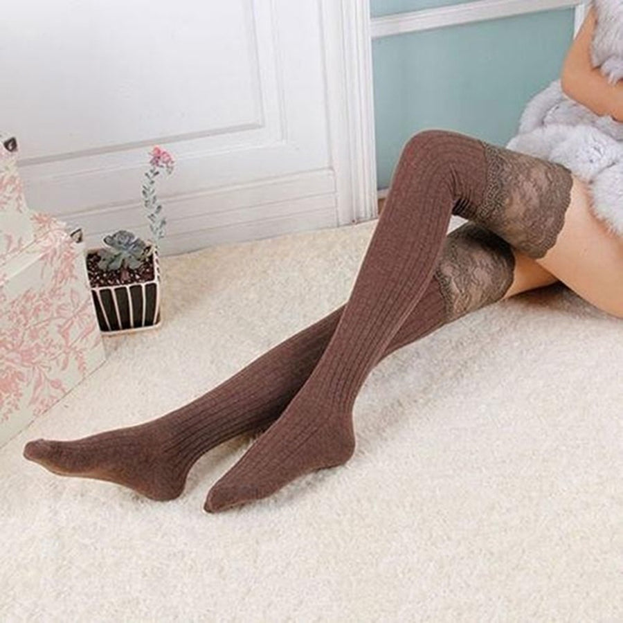 1 Pair Solid Color Lace Stitching High Elasticity Thickened Thigh Stockings Autumn Winter Women Over Knee Socks Image 1