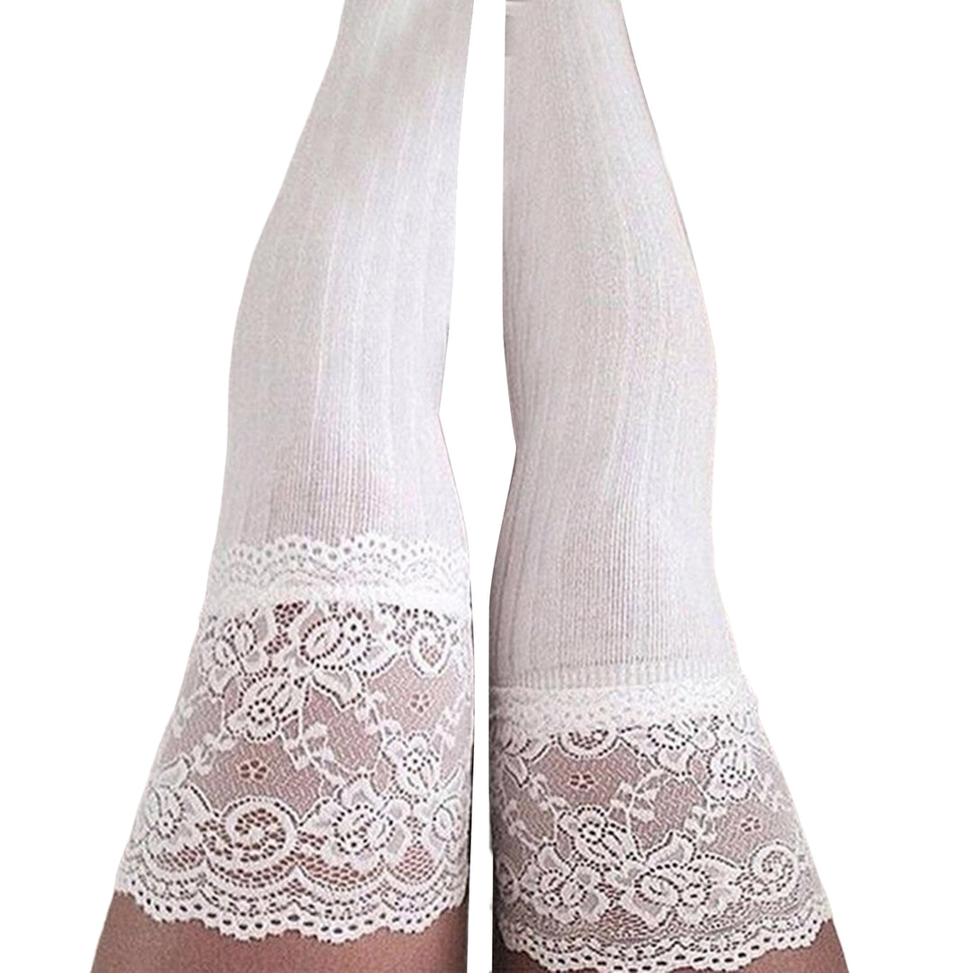 1 Pair Solid Color Lace Stitching High Elasticity Thickened Thigh Stockings Autumn Winter Women Over Knee Socks Image 3