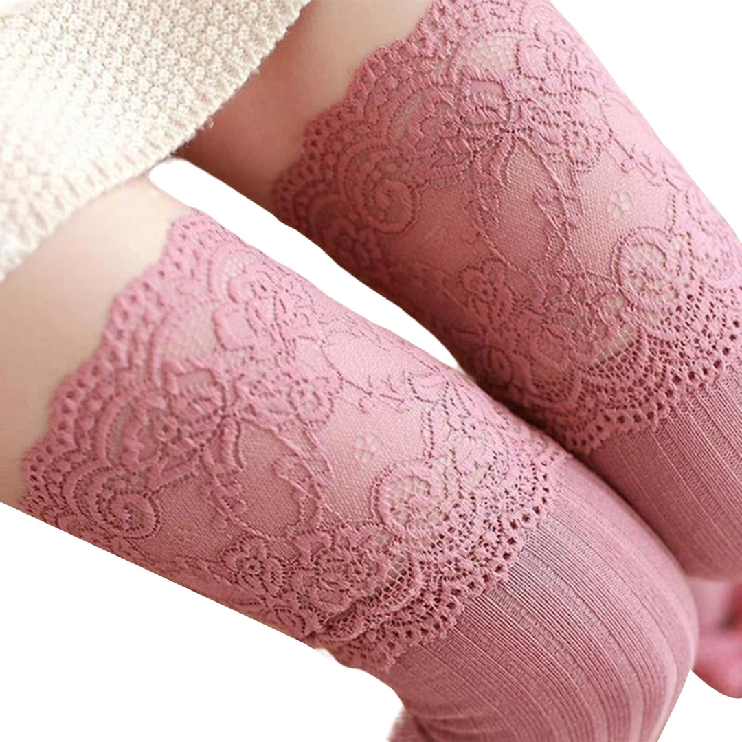 1 Pair Solid Color Lace Stitching High Elasticity Thickened Thigh Stockings Autumn Winter Women Over Knee Socks Image 4