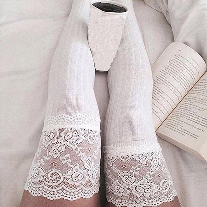 1 Pair Solid Color Lace Stitching High Elasticity Thickened Thigh Stockings Autumn Winter Women Over Knee Socks Image 8