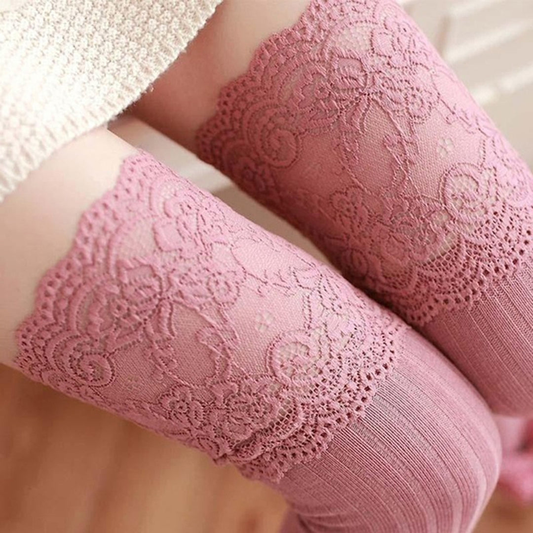 1 Pair Solid Color Lace Stitching High Elasticity Thickened Thigh Stockings Autumn Winter Women Over Knee Socks Image 9