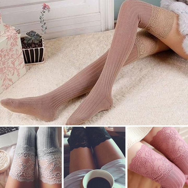 1 Pair Solid Color Lace Stitching High Elasticity Thickened Thigh Stockings Autumn Winter Women Over Knee Socks Image 10