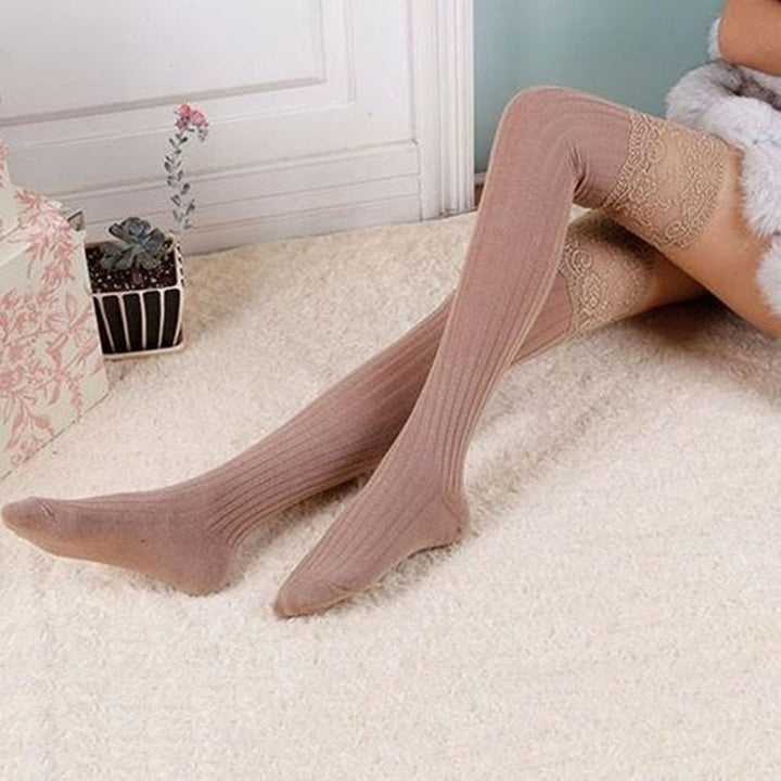 1 Pair Solid Color Lace Stitching High Elasticity Thickened Thigh Stockings Autumn Winter Women Over Knee Socks Image 12