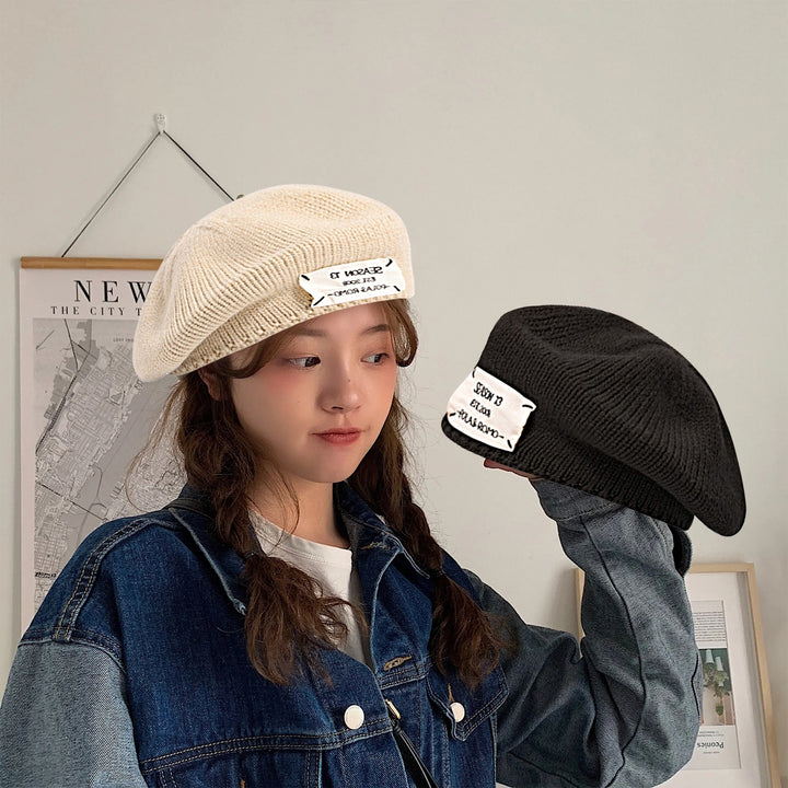 Letter Print Round Dome Solid Color Beret Cap Autumn Winter Women Knitted Painter Hat Fashion Accessories Image 7