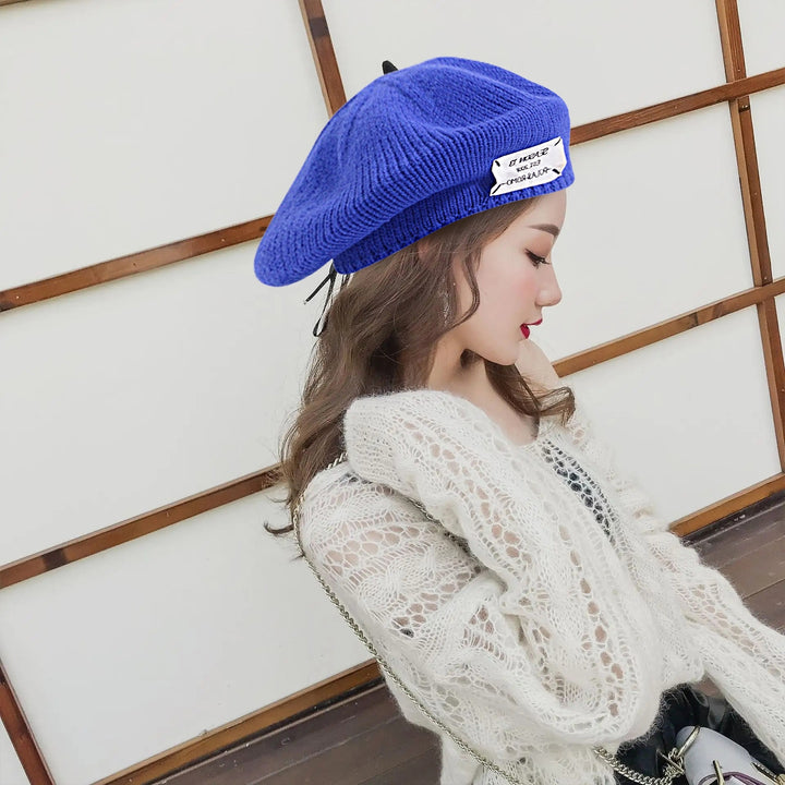 Letter Print Round Dome Solid Color Beret Cap Autumn Winter Women Knitted Painter Hat Fashion Accessories Image 9