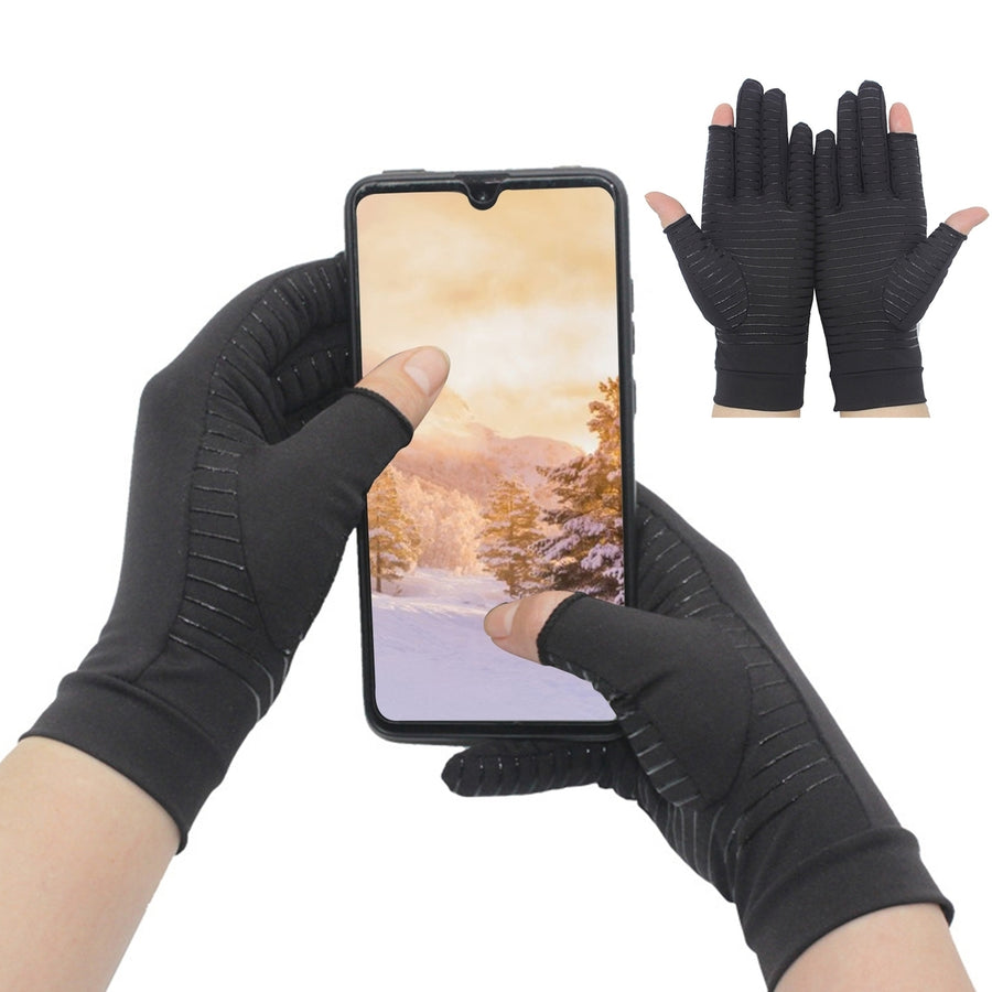 1 Pair Touch Screen Extended Wrist Strap High Elasticity Copper Fiber Gloves Unisex Open Two Fingers Shockproof Non-Slip Image 1
