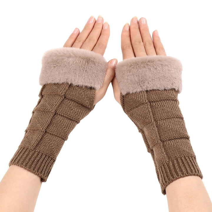 1 Pair Women Gloves Triangle Pattern Half Finger Arm Cover Gloves Autumn Winter Stretchy Knitting Fingerless Gloves for Image 1