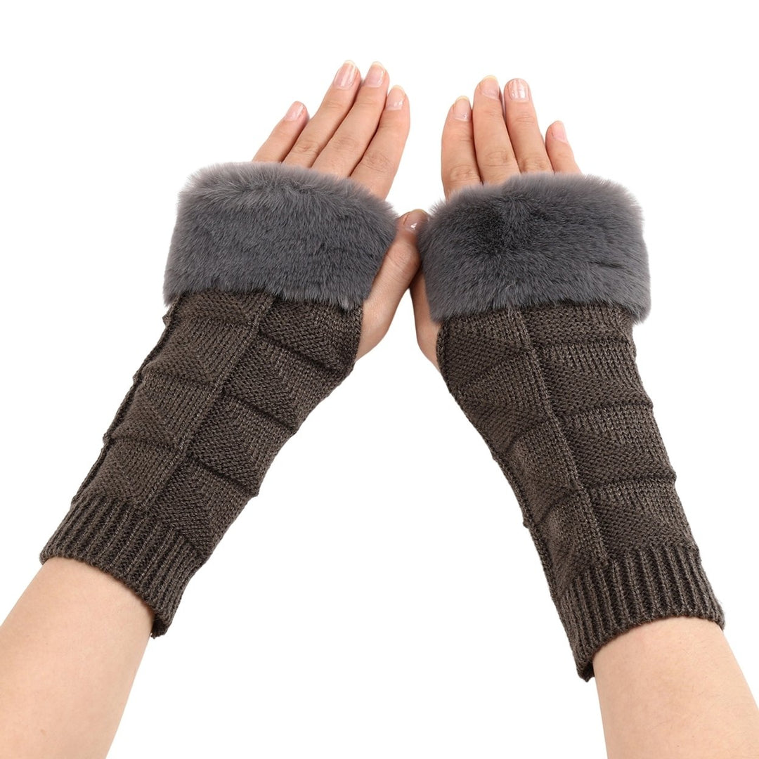 1 Pair Women Gloves Triangle Pattern Half Finger Arm Cover Gloves Autumn Winter Stretchy Knitting Fingerless Gloves for Image 1