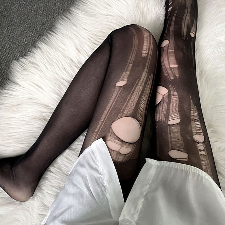 Women Pantyhose Sheer Great Elasticity Hollow Out Solid Color Sexy Ripped Anti-dislodging Line Stockings for Daily Wear Image 1