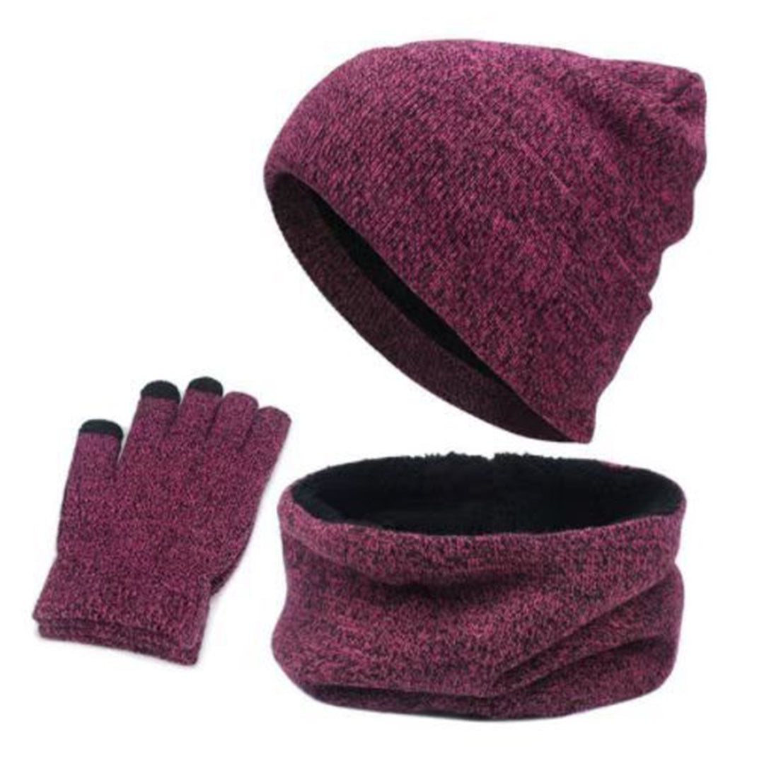 1 Set Unisex Hat Gloves Scarf Solid Color Touch Screen Sweat Absorption Autumn Winter Knitted Beanies Cap for Daily Wear Image 4