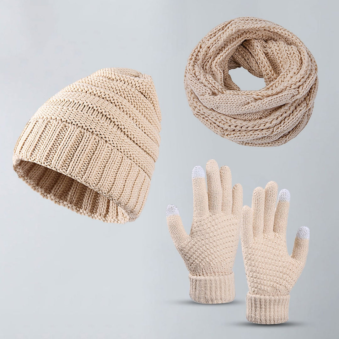 3Pcs/Set Ear Protection Hemming Cuffs Thickened Stretchy Scarf Hat Gloves Set Unisex Winter Solid Color Knitted Beanie Image 3