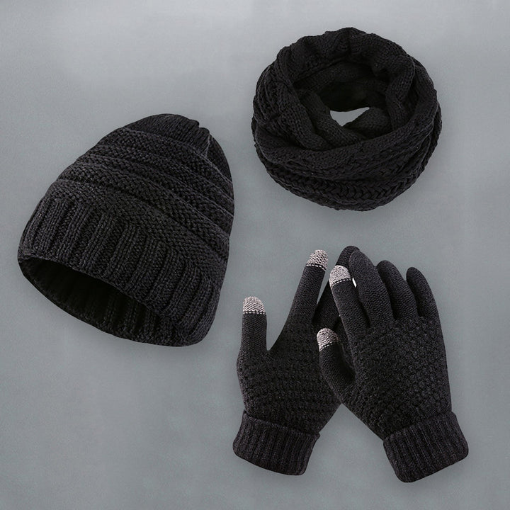 3Pcs/Set Ear Protection Hemming Cuffs Thickened Stretchy Scarf Hat Gloves Set Unisex Winter Solid Color Knitted Beanie Image 4