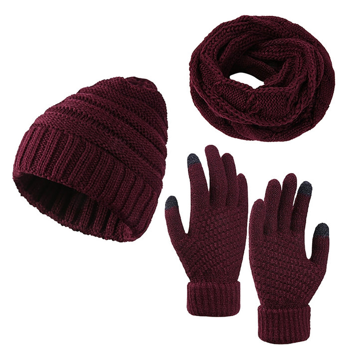 3Pcs/Set Ear Protection Hemming Cuffs Thickened Stretchy Scarf Hat Gloves Set Unisex Winter Solid Color Knitted Beanie Image 4