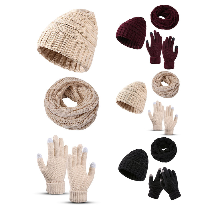 3Pcs/Set Ear Protection Hemming Cuffs Thickened Stretchy Scarf Hat Gloves Set Unisex Winter Solid Color Knitted Beanie Image 10