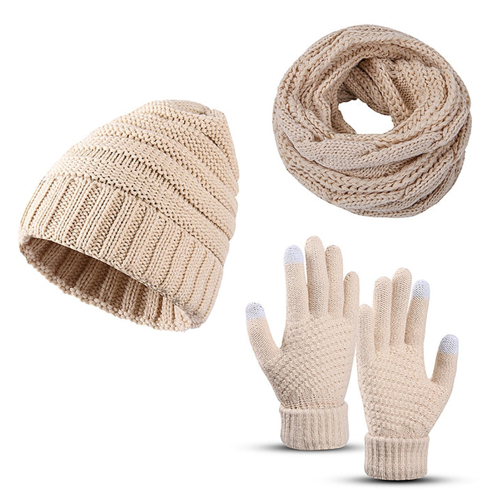 3Pcs/Set Ear Protection Hemming Cuffs Thickened Stretchy Scarf Hat Gloves Set Unisex Winter Solid Color Knitted Beanie Image 11