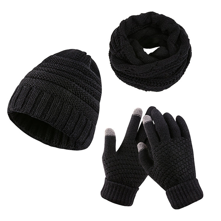 3Pcs/Set Ear Protection Hemming Cuffs Thickened Stretchy Scarf Hat Gloves Set Unisex Winter Solid Color Knitted Beanie Image 12