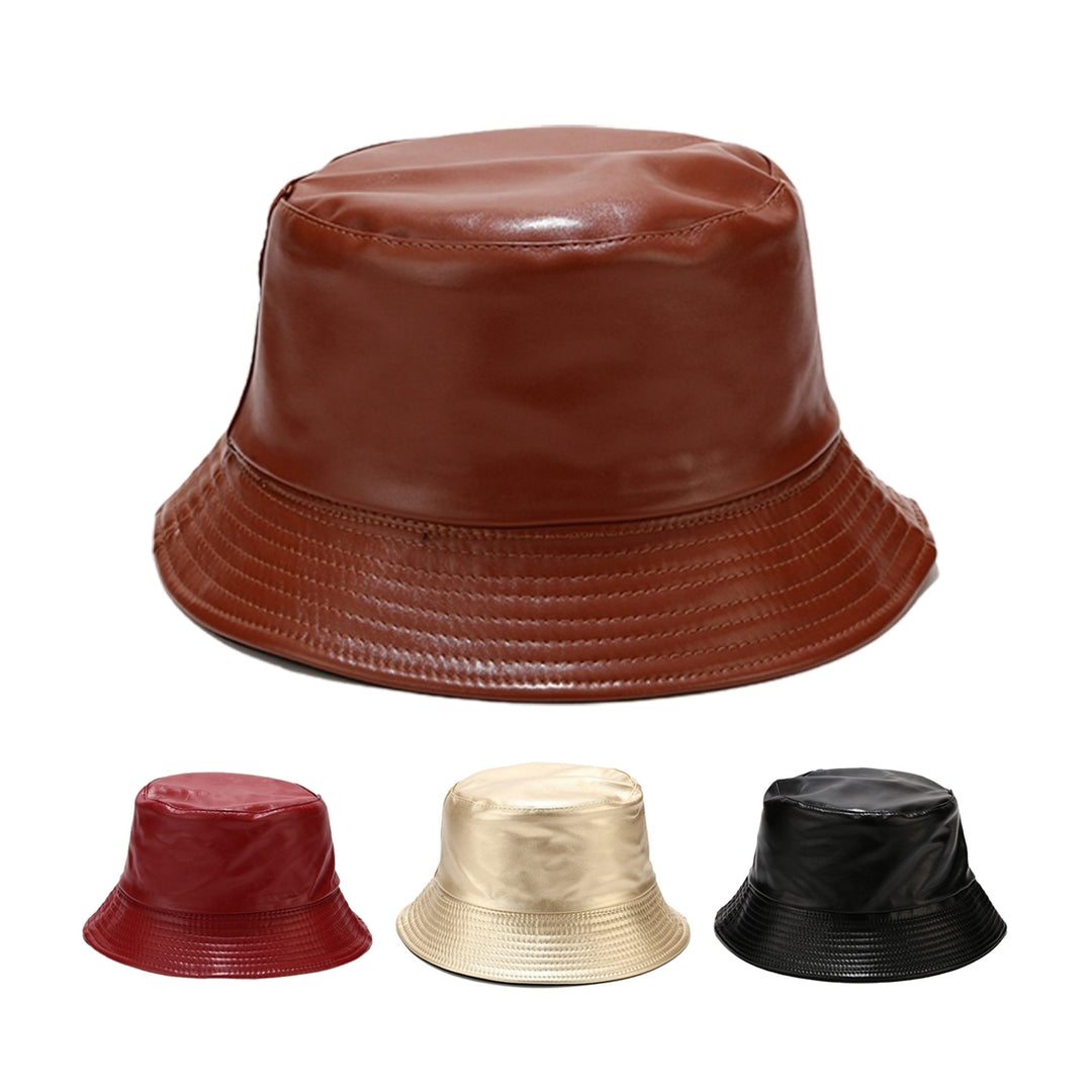 Unisex Bucket Hat Waterproof Solid Color Reversible Sun Cap Faux Leather Flat Top Fisherman Hat for Daily Wear Image 1