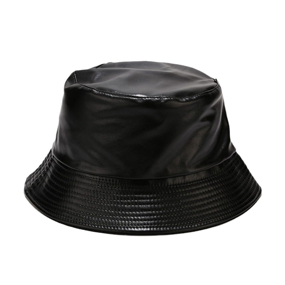 Unisex Bucket Hat Waterproof Solid Color Reversible Sun Cap Faux Leather Flat Top Fisherman Hat for Daily Wear Image 2