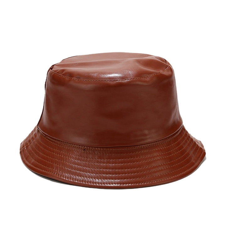 Unisex Bucket Hat Waterproof Solid Color Reversible Sun Cap Faux Leather Flat Top Fisherman Hat for Daily Wear Image 3