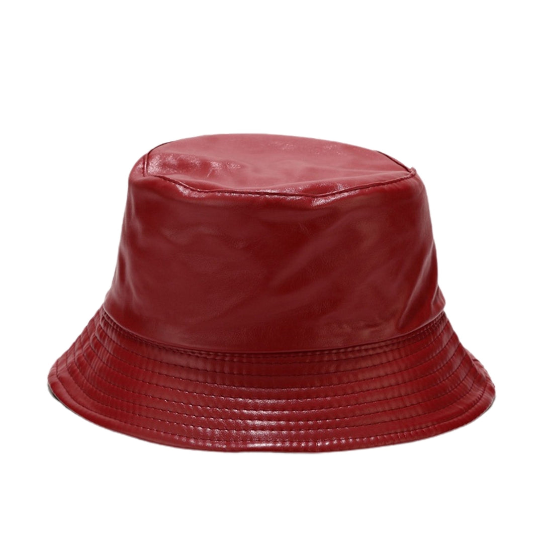 Unisex Bucket Hat Waterproof Solid Color Reversible Sun Cap Faux Leather Flat Top Fisherman Hat for Daily Wear Image 4