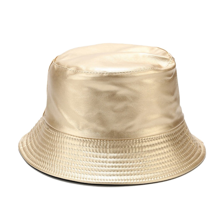 Unisex Bucket Hat Waterproof Solid Color Reversible Sun Cap Faux Leather Flat Top Fisherman Hat for Daily Wear Image 4