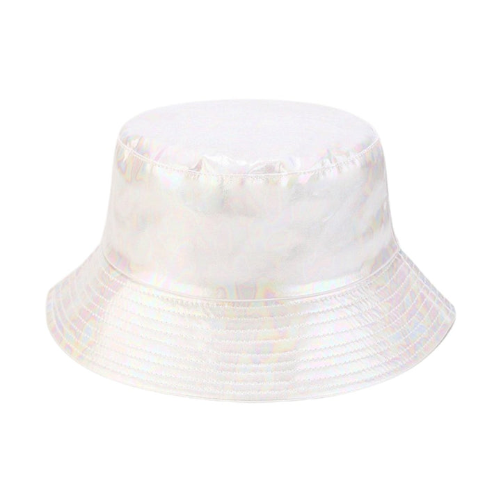 Unisex Bucket Hat Waterproof Holographic Adjustable Sun Protection Faux Leather Flat Top Fisherman Hat for Daily Outing Image 1