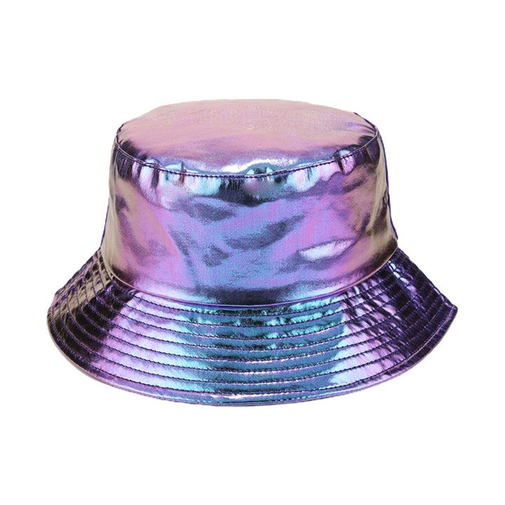 Unisex Bucket Hat Waterproof Holographic Adjustable Sun Protection Faux Leather Flat Top Fisherman Hat for Daily Outing Image 4