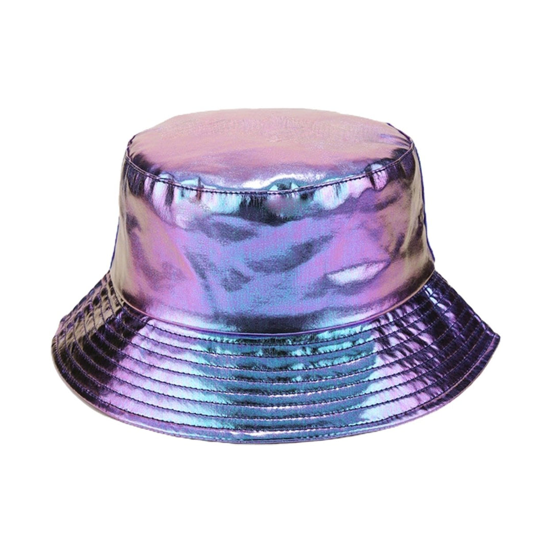 Unisex Bucket Hat Waterproof Holographic Adjustable Sun Protection Faux Leather Flat Top Fisherman Hat for Daily Outing Image 1