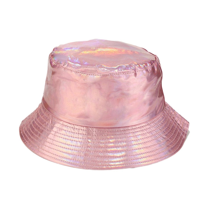 Unisex Bucket Hat Waterproof Holographic Adjustable Sun Protection Faux Leather Flat Top Fisherman Hat for Daily Outing Image 1