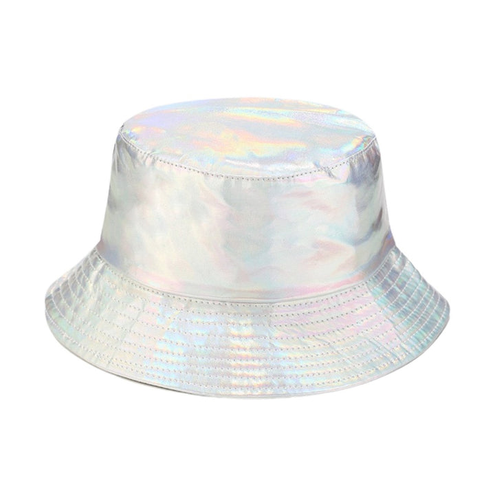 Unisex Bucket Hat Waterproof Holographic Adjustable Sun Protection Faux Leather Flat Top Fisherman Hat for Daily Outing Image 1