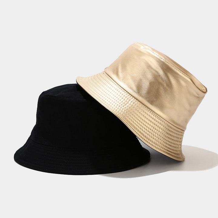 Unisex Bucket Hat Waterproof Solid Color Reversible Sun Cap Faux Leather Flat Top Fisherman Hat for Daily Wear Image 11