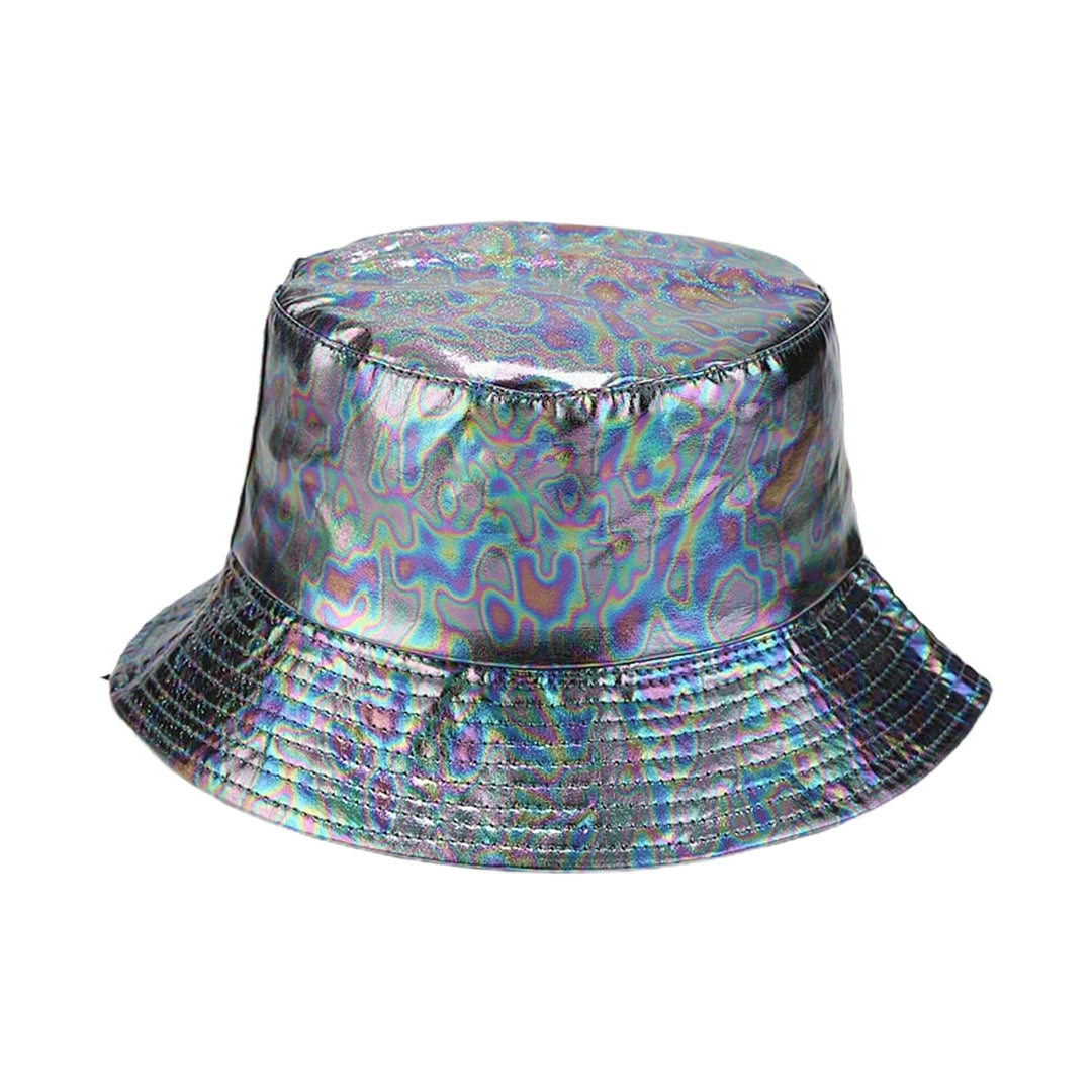 Unisex Bucket Hat Waterproof Holographic Adjustable Sun Protection Faux Leather Flat Top Fisherman Hat for Daily Outing Image 8