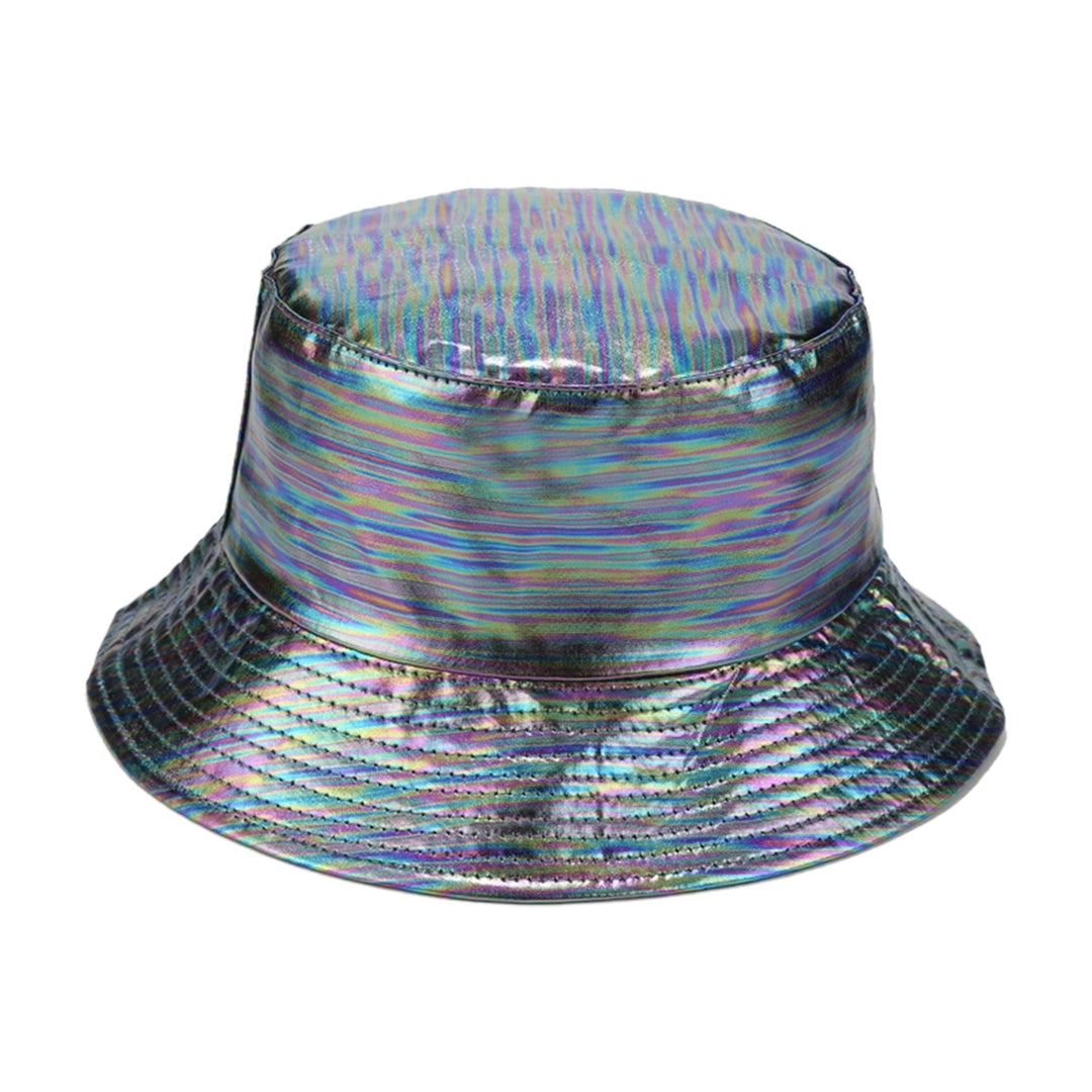 Unisex Bucket Hat Waterproof Holographic Adjustable Sun Protection Faux Leather Flat Top Fisherman Hat for Daily Outing Image 9