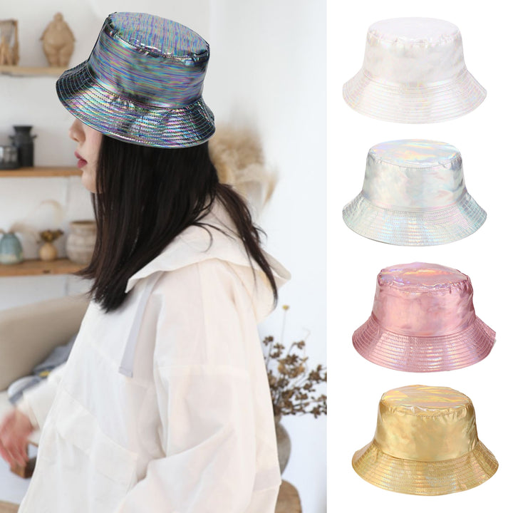Unisex Bucket Hat Waterproof Holographic Adjustable Sun Protection Faux Leather Flat Top Fisherman Hat for Daily Outing Image 10