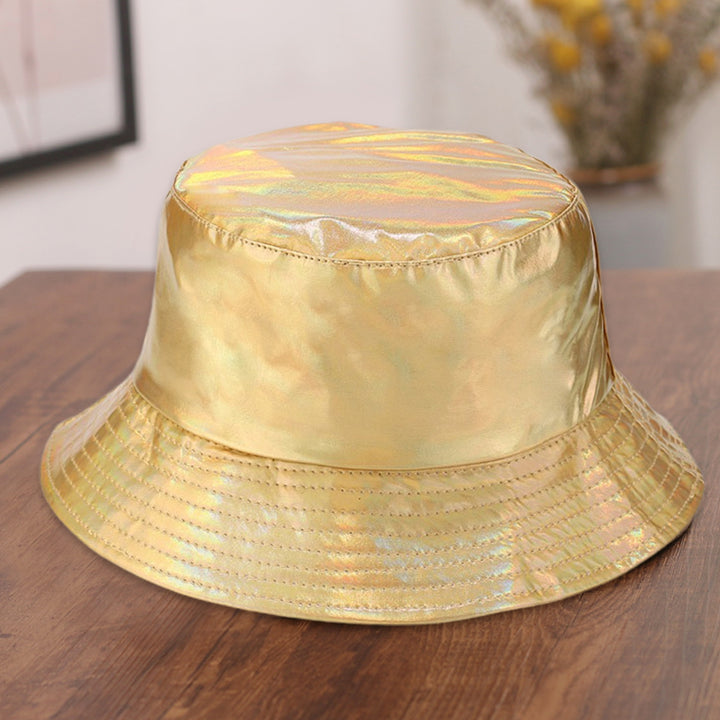 Unisex Bucket Hat Waterproof Holographic Adjustable Sun Protection Faux Leather Flat Top Fisherman Hat for Daily Outing Image 11